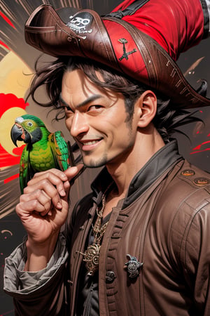 (((masterpiece))), ((best quality)), ((best illustration)),(((HD))), (((Hyper realistic))), ((Super realistic)), ((Extremely detailed)), (((extremely delicate and beautiful))), (detailed light), ((Loop)), solo, (oil painting), (Claymotion), (((he has a pirate hat on))), ((gold chain)), (((a hook for one hand))), (gold tooth),  (gold earing) ((hazel eyes)), (((Parrot on shoulder))), ((Eye patch on one eye)), ((Flowing dark brown hair)), (((red sun))), ((((surreal scenery))), ((slight grin on face)),ded1,Goku,weapon,yofukashi background