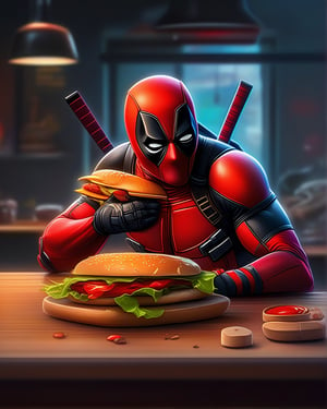  ladybug burger sitting on top of a wooden table, concept art, trending on Artstation, digital art, portrait of deadpool, amazing splashscreen artwork, aetherpunk airbrush digital art, style of super meat boy, mandalorian deadpool, closeup - view, avatar image, in style of marvel and dc, punkdrone, profile pic, cyberpunk::1 crepuscular rays::1 DSLR::1 --v 4 --quality 2a