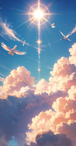 Heavenly clouds, sunshine, sun beam, white pigeons
