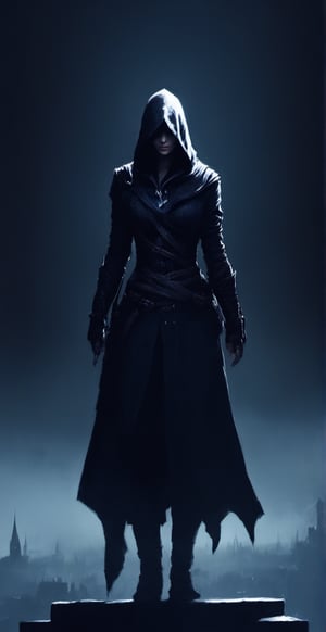 Assassins creed, female assassins, dark city, standing on rooftops, squatting,scary,dark,dark aura,smooth style,sharp style