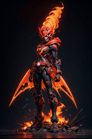 one woman, ((evil skull head with sharp teeth)), ((red-colored apparel, often in the form of long, two-tailed coats)), fire-around, rocks, ruins, red-eyes, eyes-glowing, hoody, rain-fire, fire around her, epic anime art, thin waist, beautiful figure, belts, holster, crop top, (best quality, ultra quality), detailed face, detailed eyes, cute eyes, perfect lighting, HD, 8k, glossy skin, masterpiece, digital art, intricate details, highly detailed, volumetric lighting, background detiled, ue5, unreal engine 5, artstation, trending on artstation, post processing, line art, tiny details, colorful detailed illustration, outer_space 1960s, cinematic, multiple light sources, ((full_body)), sunset,r1ge,Mecha warrior,3DMM,Mecha