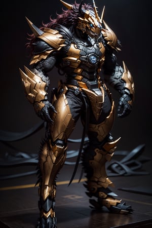 Wargreymon, delicate face, solo, full body, orange and gold armor rig suit, facing viewer, black background