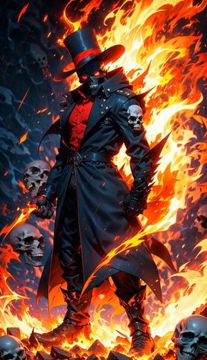 (Masterpiece, best quality, ultra-detailed, best shadow, Unreal Engine 5), (detailed background), one man, ((evil skull head with sharp teeth)), black polo with three buttons, armor shoulder plates, flicking the finger, ((red-colored apparel, often in the form of long, two-tailed coats)), open coat, black fingerless gloves, black military-style boots, fire-around, rocks, ruins, red-eyes, eyes-glowing, top hat, rain-fire, fire around her,SAM YANG,3DMM,EpicSky,RED FIRE GREEN FIRE BLUE FIRE PURPLE FIR