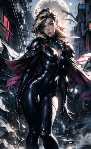 One female, two color hair, black hair, blonde highlights, golden_eyes, thicc_thighs, both hands to the waist, large_breasts, ((very long hair)), tight fit armor, black armor shoulder plates, black chest armor plates, black legs armor plates revealing legs, moon, black armor cape, ((masterpiece)), ultra hd, 8k, hdr, dynamic, (bright eyes:1.1), hyper realistic, detailed background, finely detailed_body, perfecteyes, detailedface, detailedeyes, (best shadow, best gray shader, ultra detailed), (detailed background), high contrast, (best illumination, an extremely delicate and beautiful), fullbody stance, woman in a black venom female suit