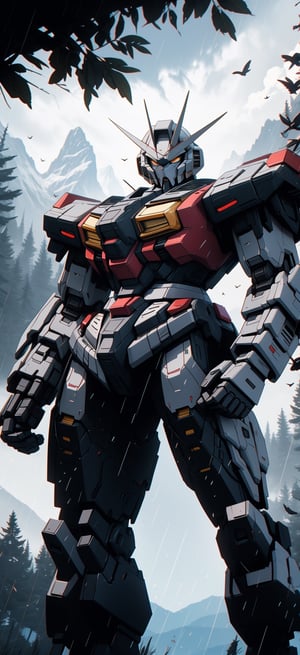 Giant gundam, , crossing fields of trees, birds flying, gray clouds, raining, mountains, masterpiece, ultra detailed, ((strong detailed in small areas)), Sci-fi, ultra high res, ((solo)), masterpiece, best quality, ultra detailed, ((detailed background)), perfect shading, high contrast, best illumination, extremely detailed, ray tracing, realistic lighting effects,Mecha warrior