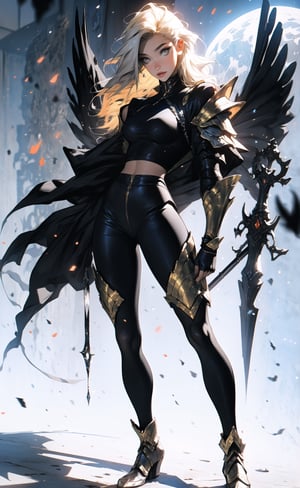 One female, two color hair, black hair, blonde highlights, golden_eyes, thicc_thighs, both hands to the waist, large_breasts, ((very long hair)), tight fit armor, black armor shoulder plates, black chest armor plates, black legs armor plates slightly revealing legs, moon, white wings, ((masterpiece)), ultra hd, 8k, hdr, dynamic, (bright eyes:1.1), hyper realistic, detailed background, finely detailed_body, perfecteyes, detailedface, detailedeyes, (best shadow, best gray shader, ultra detailed), (detailed background), high contrast, (best illumination, an extremely delicate and beautiful), fullbody stance,edgGaruda_hoodie