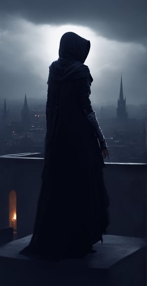 Assassins creed, female assassins, dark city, standing on rooftops, squatting,scary,dark,dark aura,smooth style,sharp style