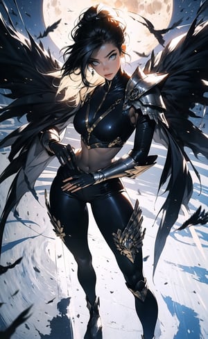 One female, two color hair, black hair, blonde highlights, golden_eyes, thicc_thighs, both hands to the waist, large_breasts, ((very long hair)), tight fit armor, black armor shoulder plates, black chest armor plates, black legs armor plates slightly revealing legs, moon, a white and blue bird_woman with wings, ((masterpiece)), ultra hd, 8k, hdr, dynamic, (bright eyes:1.1), hyper realistic, detailed background, finely detailed_body, perfecteyes, detailedface, detailedeyes, (best shadow, best gray shader, ultra detailed), (detailed background), high contrast, (best illumination, an extremely delicate and beautiful), fullbody stance,edgGaruda_hoodie