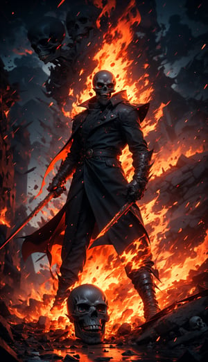(Masterpiece, best quality, ultra-detailed, best shadow, Unreal Engine 5), (detailed background), one man, ((evil skull head with sharp teeth)), black polo with three buttons, armor shoulder plates, flicking the finger, ((red-colored apparel, often in the form of long, two-tailed coats)), open coat, black fingerless gloves, black military-style boots, fire-around, rocks, ruins, red-eyes, eyes-glowing, top hat, rain-fire, fire around her,SAM YANG,3DMM,EpicSky