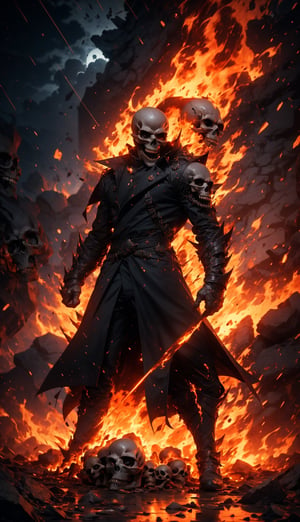 (Masterpiece, best quality, ultra-detailed, best shadow, Unreal Engine 5), (detailed background), one man, ((evil skull head with sharp teeth)), black polo with three buttons, armor shoulder plates, flicking the finger, black armor, ((red-colored apparel, often in the form of long, two-tailed coats)), open coat, black fingerless gloves, black military-style boots, fire-around, rocks, ruins, red-eyes, eyes-glowing, rain-fire, fire around him,SAM YANG,3DMM,EpicSky