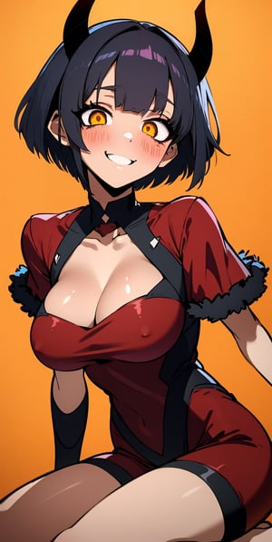 gothic style, brown skin, blush, black hair, bangs, tender smile, dark clothes, large breasts quality, beauty_mark, cleavage, red dress with two high front slits, 4k good quality package, full_body, horns