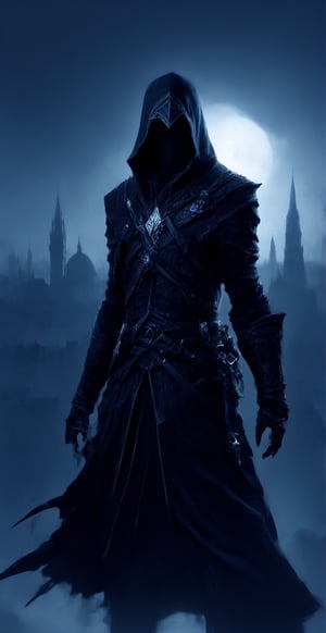 Assassins creed, female assassins, dark city, standing on rooftops, monster, scary, dark, dark aura, smooth style, sharp style