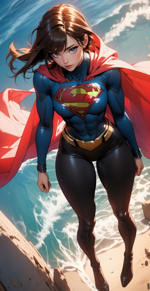 beautiful woman, (brown eyes), she has a body of a fitness model, (large breasts), black hair, hair between eyes, bangs, Exhausted look, hourglass body shape, slim waist, thick thighs, ((full-body)), ((masterpiece)), ultra detailed, best illustrated, (highres), (supergirl), cape, levitating, sky, zero gravity, above ocean, view from above looking down, depth_of_field