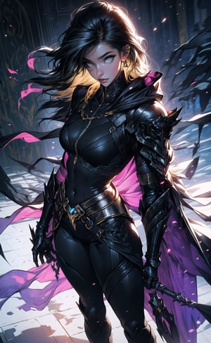 One female, two color hair, black hair, blonde highlights, golden_eyes, thicc_thighs, both hands to the waist, large_breasts, ((very long hair)), tight fit armor, black armor shoulder plates, black chest armor plates, black legs armor plates revealing legs, moon, black armor cape, ((masterpiece)), ultra hd, 8k, hdr, dynamic, (bright eyes:1.1), hyper realistic, detailed background, finely detailed_body, perfecteyes, detailedface, detailedeyes, (best shadow, best gray shader, ultra detailed), (detailed background), high contrast, (best illumination, an extremely delicate and beautiful), fullbody stance,edgGaruda_hoodie,venom