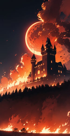 Dark orange sky, Eclipse, (castle in mid distance), fire all around, and burning fields, dark red clouds 