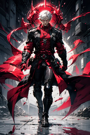 One man , (devil may cry: Dante) , white hair , short_hair , paleskin , big_muscle , angry face , full_body , blood moon , walking , (dark red eyes) , bangs , very_long_hair , straight_hair , perfect figure , ((red-colored apparel , often in the form of long , two-tailed coats))