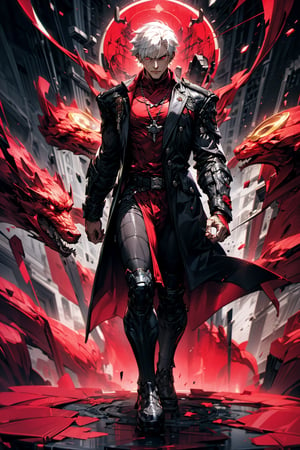 One man , (devil may cry: Dante) , white hair , short_hair , neck level hair , paleskin , big_muscle , angry face , full_body , blood moon , walking , (dark red eyes) , bangs , very_long_hair , straight_hair , perfect figure , ((red-colored apparel , often in the form of long , two-tailed coats))