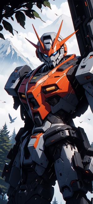 Giant gundam, , crossing fields of trees, birds flying, gray clouds, raining, mountains, masterpiece, ultra detailed, ((strong detailed in small areas)), Sci-fi, ultra high res, ((solo)), masterpiece, best quality, ultra detailed, ((detailed background)), perfect shading, high contrast, best illumination, extremely detailed, ray tracing, realistic lighting effects,Mecha warrior