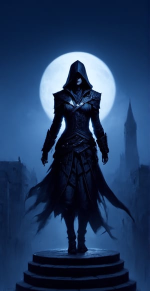 Assassins creed, female assassins, dark city, standing on rooftops, monster, scary, dark, dark aura, smooth style, sharp style