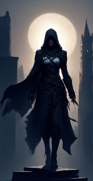 Assassins creed, female assassins, dark city, standing on rooftops, monster, scary, dark, dark aura, smooth style, sharp style