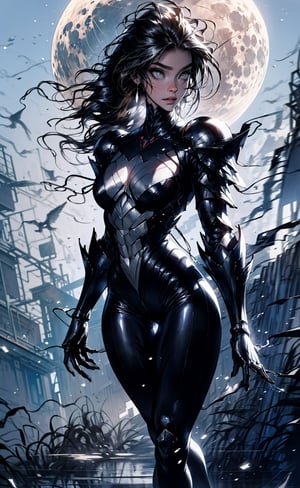 One female, two color hair, black hair, blonde highlights, "golden_eyes", thicc_thighs, large_breasts, ((very long hair)), tight fit armor, black armor shoulder plates, black chest armor plates, black legs armor plates revealing legs, woman in a black and white venom suit,, moon, ((masterpiece)), ultra hd, 8k, hdr, dynamic, (bright eyes:1.1), hyper realistic, detailed background, finely detailed_body, perfecteyes, detailedface, detailedeyes, (best shadow, best gray shader, ultra detailed), (detailed background), high contrast, (best illumination, an extremely delicate and beautiful), fullbody stance