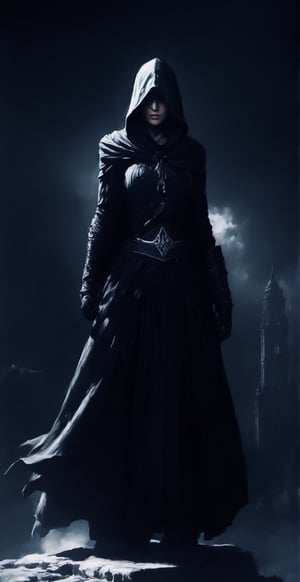 Assassins creed, female assassins, dark city, standing on rooftops,scary,dark,dark aura,smooth style,sharp style