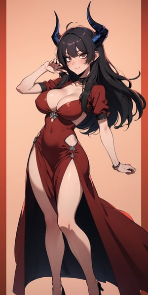 gothic style, brown skin, blush, black hair, bangs, tender smile, dark clothes, large breasts quality, beauty_mark, cleavage, red dress with two high front slits, 4k good quality package, full_body, horns, poses