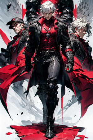 One man , (devil may cry: Dante) , white hair , short_hair , straight hair , paleskin , big_muscle , angry face , full_body , blood moon , walking , (dark red eyes) , bangs , very_long_hair , straight_hair , perfect figure , ((red-colored apparel , often in the form of long , two-tailed coats))