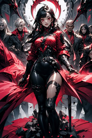 One female vampire , (dark red eyes) , long black hair , bangs , flesh_fang , very_long_hair , straight_hair , perfect figure , ((red-colored apparel , often in the form of long , two-tailed coats)) , ((overlooking an army of vampires and monsters))