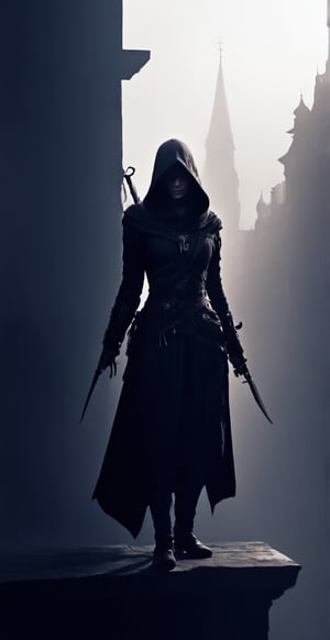 Assassins creed, female assassins, dark city, standing on rooftops, squatting,scary,dark,dark aura,smooth style,sharp style