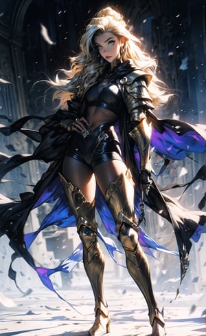 One female, two color hair, black hair, blonde highlights, golden_eyes, thicc_thighs, both hands to the waist, large_breasts, ((very long hair)), tight fit armor, black armor shoulder plates, black chest armor plates, black legs armor plates revealing legs, moon, black armor cape, ((masterpiece)), ultra hd, 8k, hdr, dynamic, (bright eyes:1.1), hyper realistic, detailed background, finely detailed_body, perfecteyes, detailedface, detailedeyes, (best shadow, best gray shader, ultra detailed), (detailed background), high contrast, (best illumination, an extremely delicate and beautiful), fullbody stance,edgGaruda_hoodie