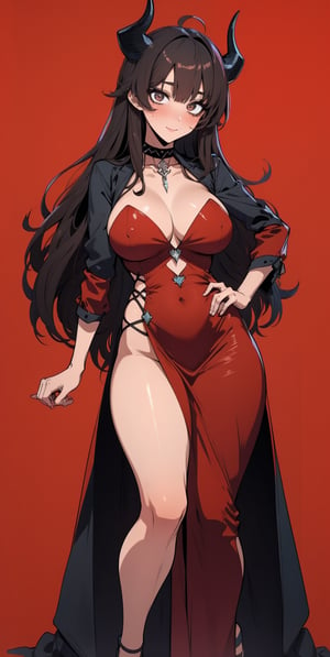 gothic style, brown skin, blush, black hair, bangs, tender smile, dark clothes, large breasts quality, beauty_mark, cleavage, red dress with two high front slits, 4k good quality package, full_body, horns, poses