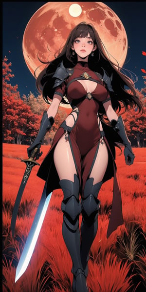 (Asian woman), brown_eyes, (black_hair), long_hair, bangs, normal breasts quality, medieval time, black armor, full body standing, night, red moon, a field of red flowers, holding_weapon, sword, 