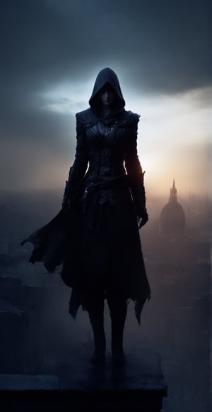 Assassins creed, female assassins, dark city, standing on rooftops,scary,dark,dark aura,smooth style,sharp style