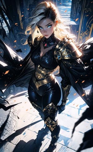 One female, two color hair, black hair, blonde highlights, golden_eyes, thicc_thighs, both hands to the waist, large_breasts, ((very long hair)), tight fit armor, black armor shoulder plates, black chest armor plates, black legs armor plates slightly revealing legs, moon, a white and blue bird_woman with wings, ((masterpiece)), ultra hd, 8k, hdr, dynamic, (bright eyes:1.1), hyper realistic, detailed background, finely detailed_body, perfecteyes, detailedface, detailedeyes, (best shadow, best gray shader, ultra detailed), (detailed background), high contrast, (best illumination, an extremely delicate and beautiful), fullbody stance