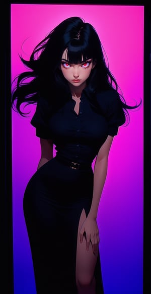 \\Beautiful 20 year old woman\\, (red eyes), ((black hair)), bangs, long_hair, hourglass body shape, detailed eyes, normal breasts quality, slim waist, (slim thick body), ((full-body_portrait)), masterpiece, best quality, realistic lighting effects, collared shirt, rolled up sleeve, side slit, business skirt, blacklight,neon,darkroom,glowing eyes,Margo Style