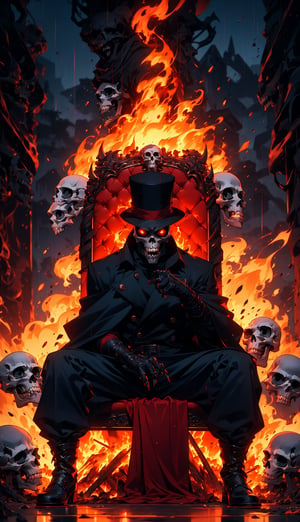 (Masterpiece, best quality, ultra-detailed, best shadow, Unreal Engine 5), (detailed background), one man, ((evil skull head with sharp teeth)), black polo with three buttons, armor shoulder plates, flicking the finger, ((red-colored apparel, often in the form of long, two-tailed coats)), open coat, black fingerless gloves, black military-style boots, sitting on a throne surrounded by skeletons, fire-around, rocks, ruins, red-eyes, eyes-glowing, top hat, rain-fire, fire around her,SAM YANG,3DMM,EpicSky