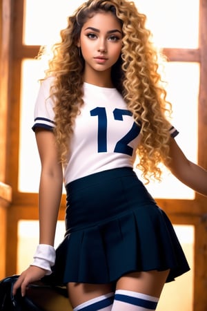 luminous high definition ultra reality photp of expressive 19 year old Hispanic girl with long blonde curly hair, full body, mini skirt, over knee high socks