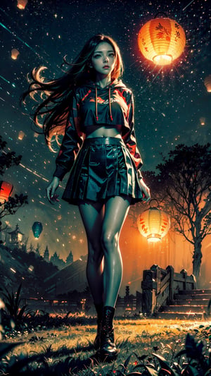 ((masterpiece)), xxmix_girl, (a woman with long hair wearing short skirt, green eyes:1.4), on a open field of grass, wind:1.4, (full body shot), (looking upward, surprised:1.2), beautiful, aesthetic, lantern festival, (((night sky full of flying lanterns))), embers of memories, colorful, glitter, (wide angle lens), (photo-realisitc), (perfect anatomy:1.2), detailed eyes:1.2, exposure blend, medium shot, bokeh, (realistic style), extremely detailed, (hdr:1.4), high contrast, (cinematic, black and orange:0.85), (muted colors, dim colors, soothing tones:1.3), low saturation, cropped hoodie underboob, large breast, SILHOUETTE LIGHT PARTICLES