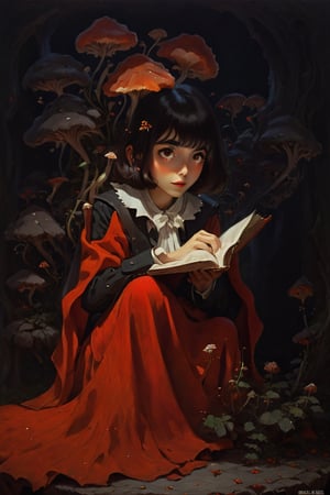 (Arielfstyle:1.0), Retro Ghibli scene, dark dream, terror, creepy, Creepy, Painting, lovecraftian, Ameinu, Black hair, black jackets, Brown hair, devil, blossom, high resolution, blazer, Orange Eyes, red flower, red rose, rozen, shirt, Short hair, White shirts, style of Ghibli studio,masterpiece, best quality,HellAI,mushroomfantasy