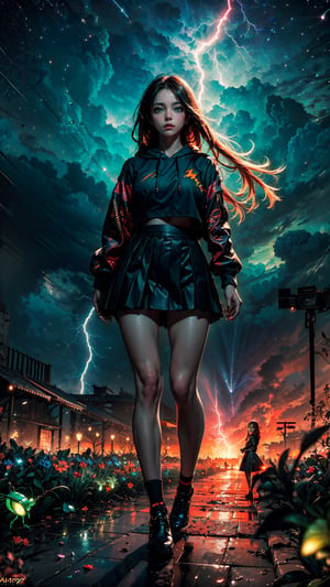 ((masterpiece)), xxmix_girl, (a woman with long hair wearing short skirt, green eyes:1.4), on a open field of flowers, wind:1.4, (full body shot), (looking upward, surprised:1.2), beautiful, aesthetic, lantern festival, (((night sky full of lightning bug))), embers of memories, colorful, glitter, (wide angle lens), (photo-realisitc), (perfect anatomy:1.2), detailed eyes:1.2, exposure blend, medium shot, bokeh, (realistic style), extremely detailed, (hdr:1.4), high contrast, (cinematic, black and orange:0.85), (muted colors, dim colors, soothing tones:1.3), low saturation, cropped hoodie underboob, large breast, SILHOUETTE LIGHT PARTICLES