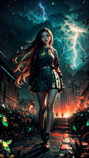 ((masterpiece)), xxmix_girl, (a woman with long hair wearing short skirt, green eyes:1.4), on a open field of flowers, wind:1.4, (full body shot), (looking upward, surprised:1.2), beautiful, aesthetic, lantern festival, (((night sky full of lightning bug))), embers of memories, colorful, glitter, (wide angle lens), (photo-realisitc), (perfect anatomy:1.2), detailed eyes:1.2, exposure blend, medium shot, bokeh, (realistic style), extremely detailed, (hdr:1.4), high contrast, (cinematic, black and orange:0.85), (muted colors, dim colors, soothing tones:1.3), low saturation, cropped hoodie underboob, large breast, SILHOUETTE LIGHT PARTICLES