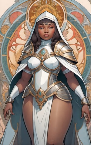 a 2D illustration of a curvy fantasy nun warrior wearing intricate armor,  ((thicc, curvy figure, huge breasts, wide hips, thick thighs)),  beautiful, alphonse mucha,  art nouveau,  half body, more detail XL,