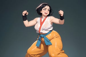 masterpiece, best quality, (mature female, plump, curvy figure, wide hips, thicc, large breasts), short black hair, thick eyebrows, ((tan skin)), martial artist, bandages, ((hip vent, japanese clothes, dougi, baggy pants)), fingerless gloves, (clothes around waist, sports-bra), fighting stance, excited, happy, ((dynamic angle)), dojo background, ((manga style illustration)),