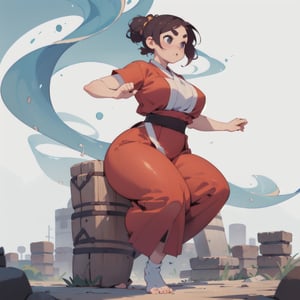 anime illustration, cute, chubby, ((martial artist, monk)), 1girl, ((shortstack, curvy figure, overweight, large breasts, thicc)), thick eyebrows, full body