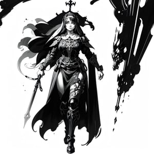 a heavyset fantasy nun warrior wearing ornate armor, 2d fantasy illustration with a simple art nouveau background, (monochrome, ink,)