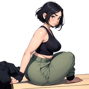 masterpiece, best quality, (mature female, plump, curvy figure, wide hips, thicc, large breasts), ((short)), (short hair, tomboy), black hair, thick eyebrows, ((tan skin)), martial artist, bandages, (((hip vent, japanese clothes, dougi, baggy pants))), fingerless gloves, (clothes around waist, sports-bra), happy, sitting on ground, looking at viewer, blushing ((dynamic angle, dynamic pose, side view, closeup shot, POV)), manga style illustration,