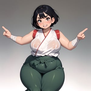 masterpiece, best quality, (mature female, plump, curvy figure, wide hips, thicc, large breasts), ((short)), (short hair, tomboy), black hair, thick eyebrows, ((tan skin)), martial artist, bandages, (((hip vent, japanese clothes, dougi, baggy pants))), fingerless gloves, (clothes around waist, sports-bra), excited, happy, sitting, looking at viewer, blushing ((dynamic angle, dynamic pose)), manga style illustration,