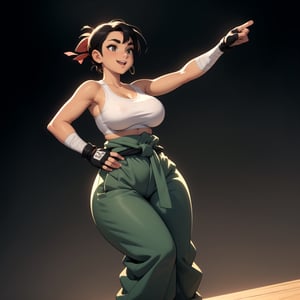 masterpiece, best quality, (mature female, plump, curvy figure, wide hips, thicc, large breasts), short black hair, thick eyebrows, ((tan skin)), martial artist, bandages, ((hip vent, japanese clothes, dougi, baggy pants)), fingerless gloves, (clothes around waist, sports-bra), action pose, excited, happy, ((dynamic angle)), dojo background, ((manga style illustration)),