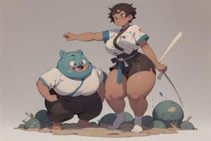 anime illustration of a cute chubby martial artist girl, ((shortstack, curvy figure, overweight, large breasts, thicc)), short hair, thick eyebrows, ((tan, tanned skin)), dougi, short sleeves, wide belt obi, fighting stance, full body,